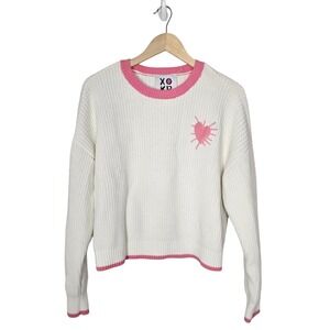 Kerri Rosenthal Pink White Heart Ribbed Knit Cropped Crewneck Sweater Size Large